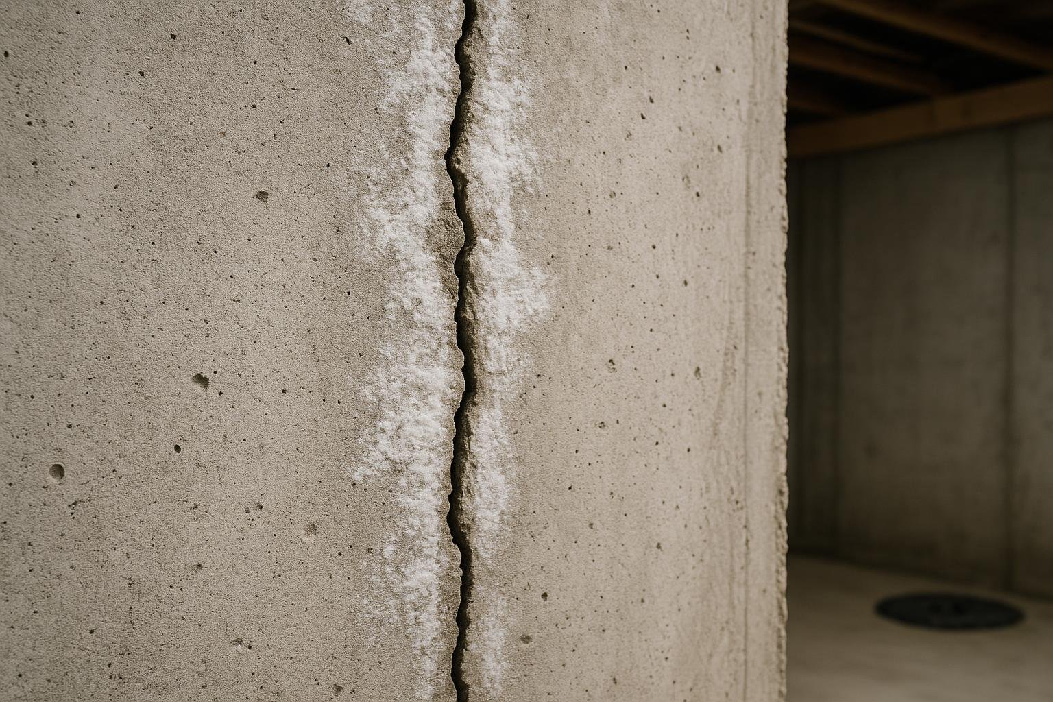Vertical crack in poured concrete basement wall with white efflorescence deposits