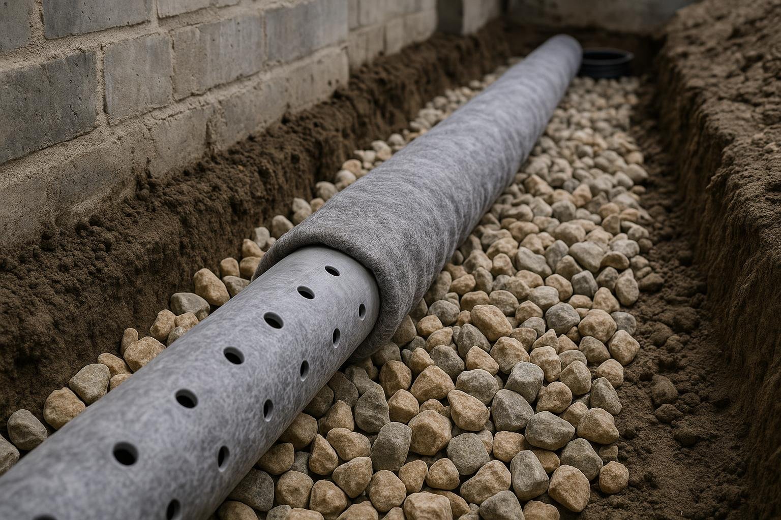 Perforated drainage pipe wrapped in geotextile sock inside a gravel trench