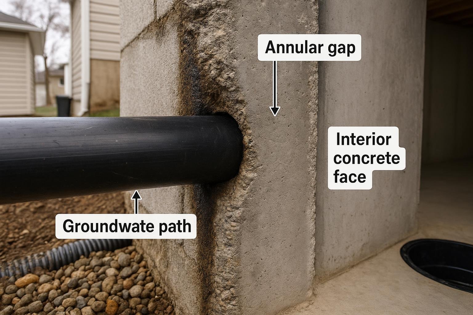 Cross-section diagram of pipe penetration showing annular gap and groundwater path