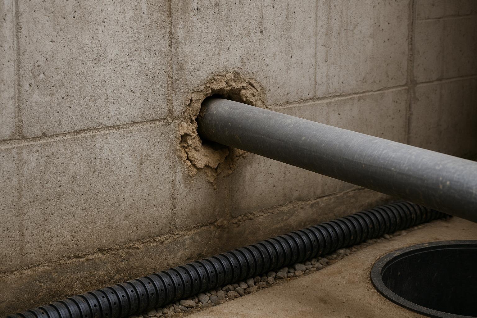 Deteriorated mortar and gap visible around pipe in poured concrete basement wall