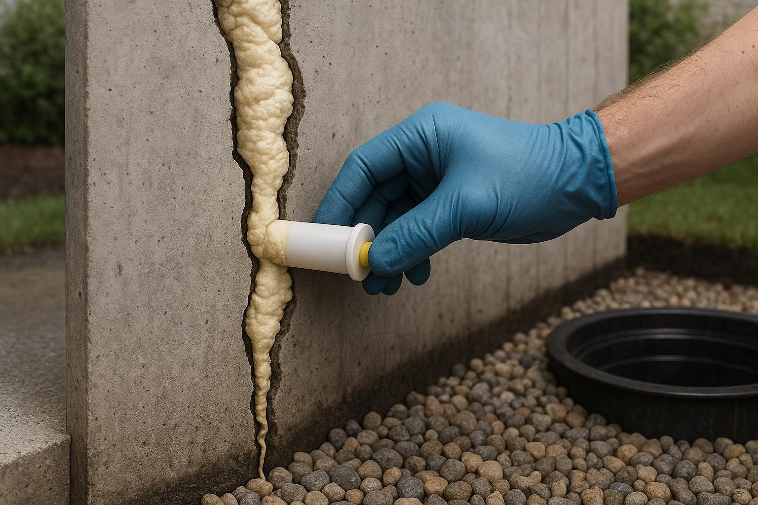 Polyurethane injection port placed in vertical poured-concrete basement wall crack
