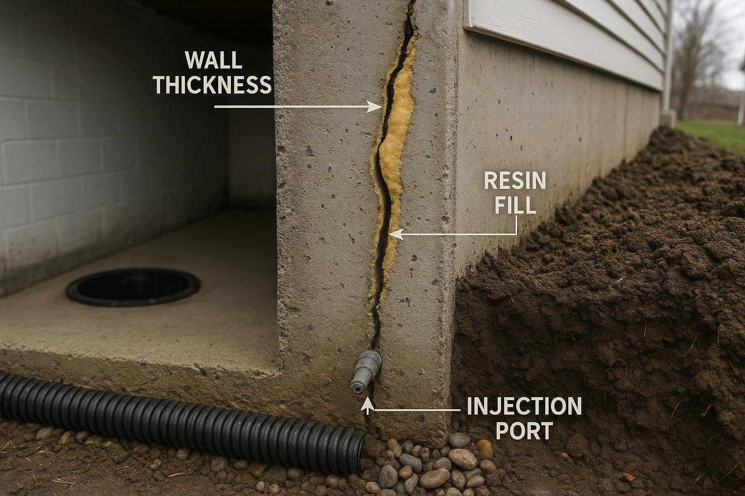 Cross-section diagram of polyurethane resin filling foundation wall crack