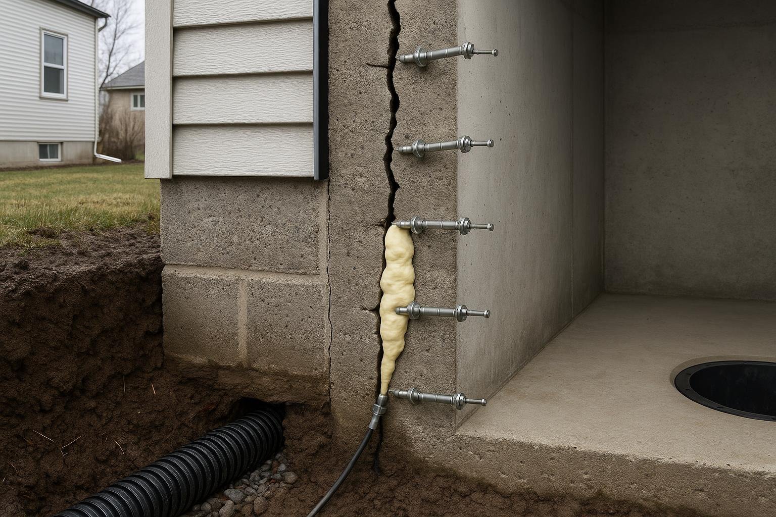 Cross-section illustration of polyurethane injection sealing a through-wall foundation crack
