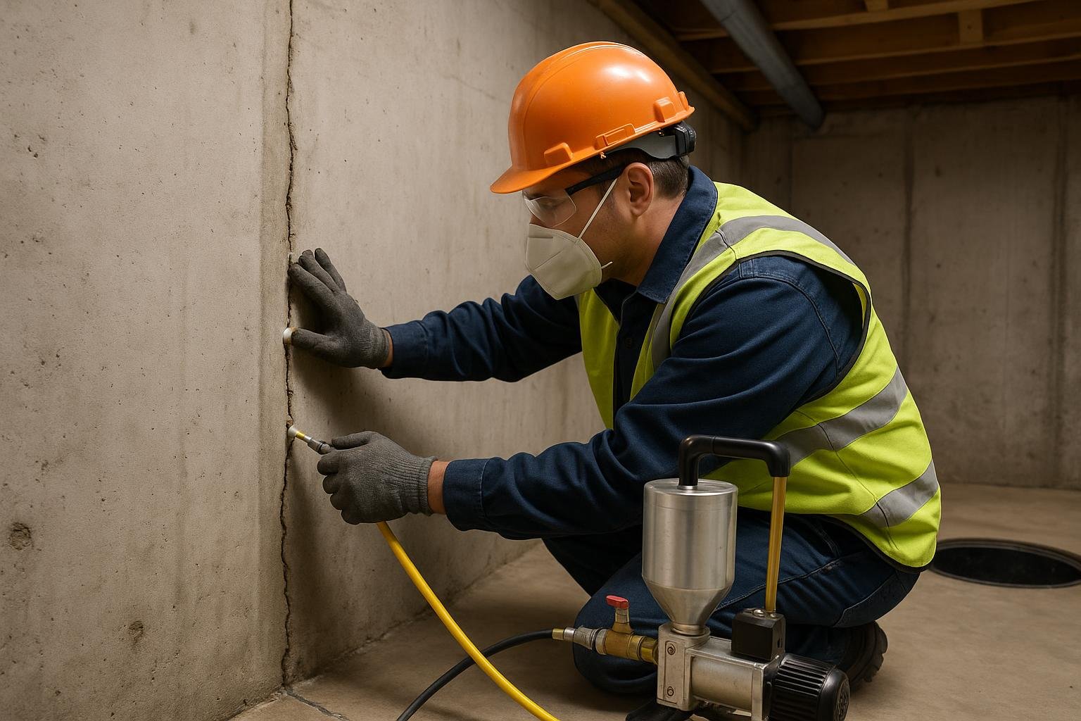 Technician installing polyurethane injection port into vertical basement wall crack