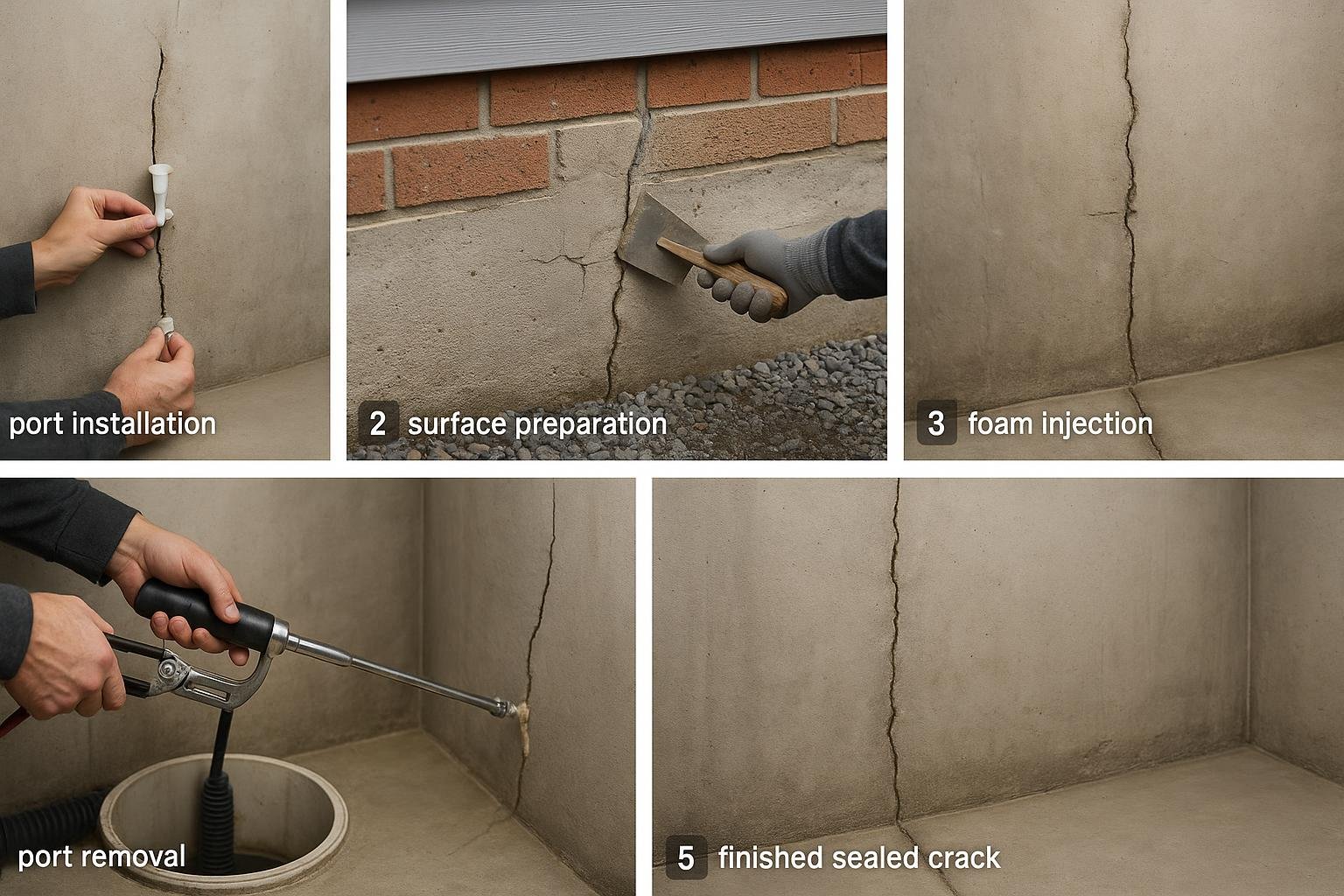 Step-by-step polyurethane crack injection process illustration for basement walls