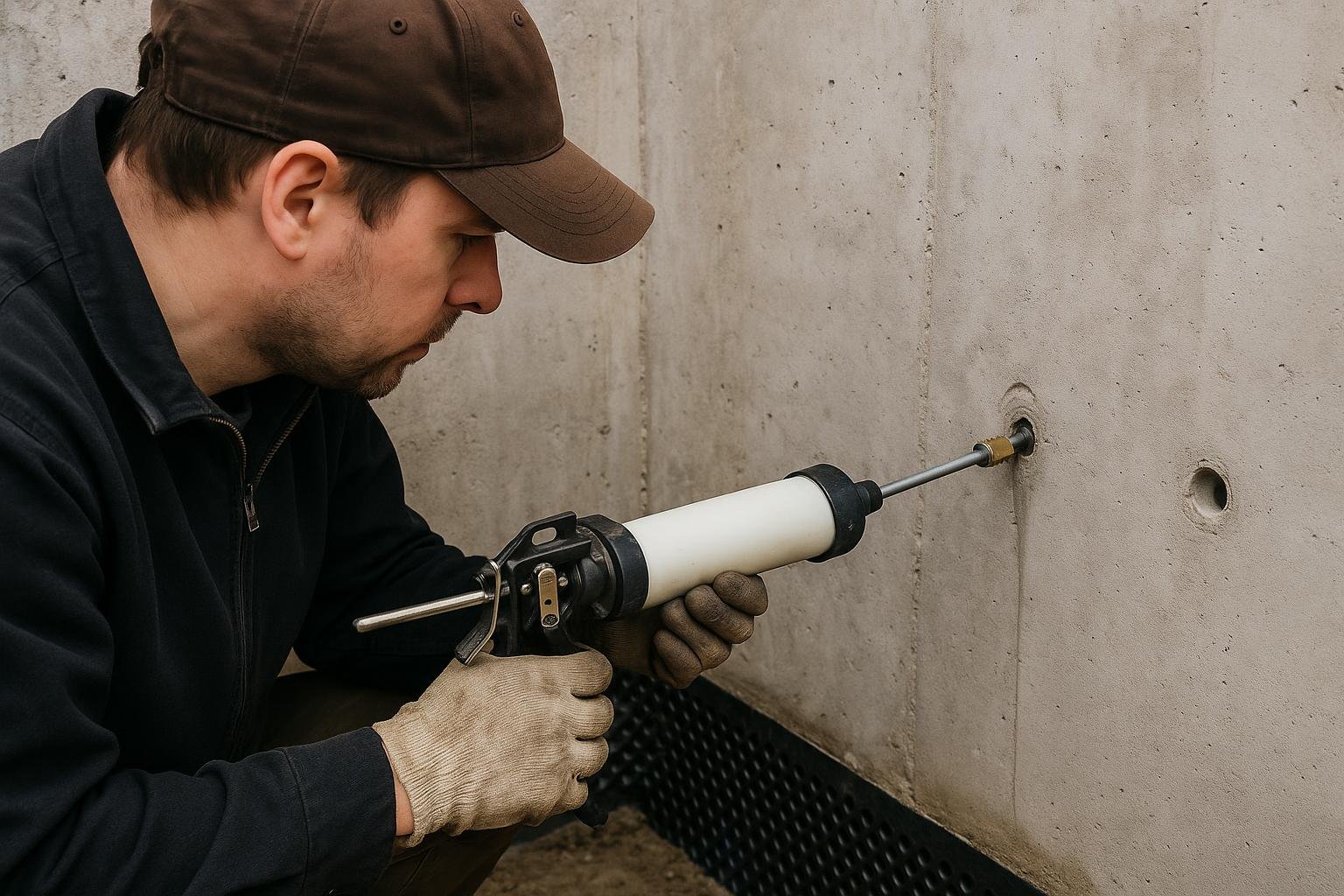 Technician injecting polyurethane resin into snap tie hole on basement wall