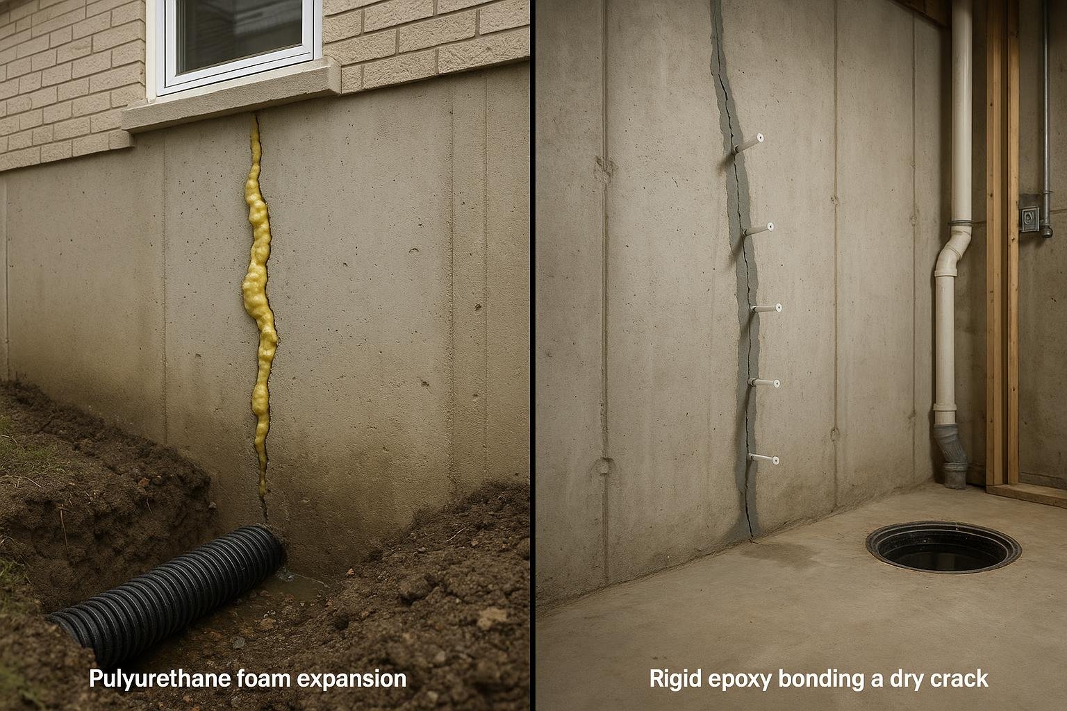 Diagram comparing polyurethane foam and epoxy resin filling a concrete foundation crack