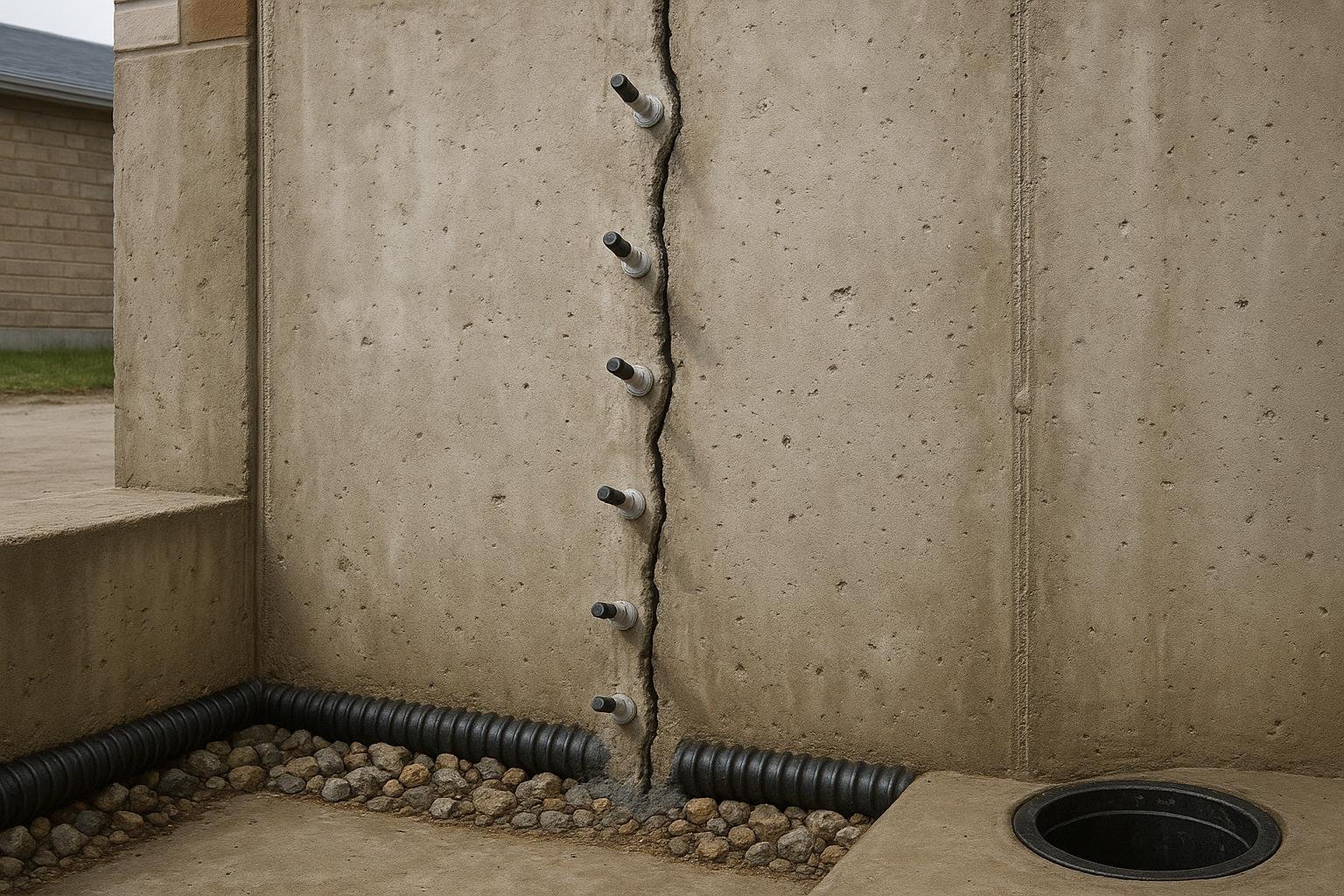Injection ports installed along a vertical poured concrete foundation crack