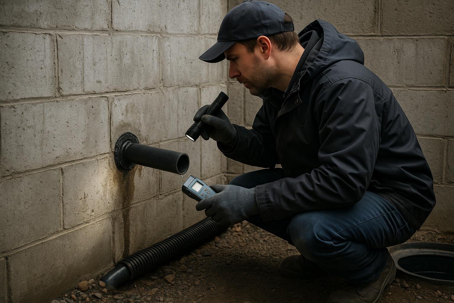 Technician using moisture meter to inspect basement wall pipe penetration leak