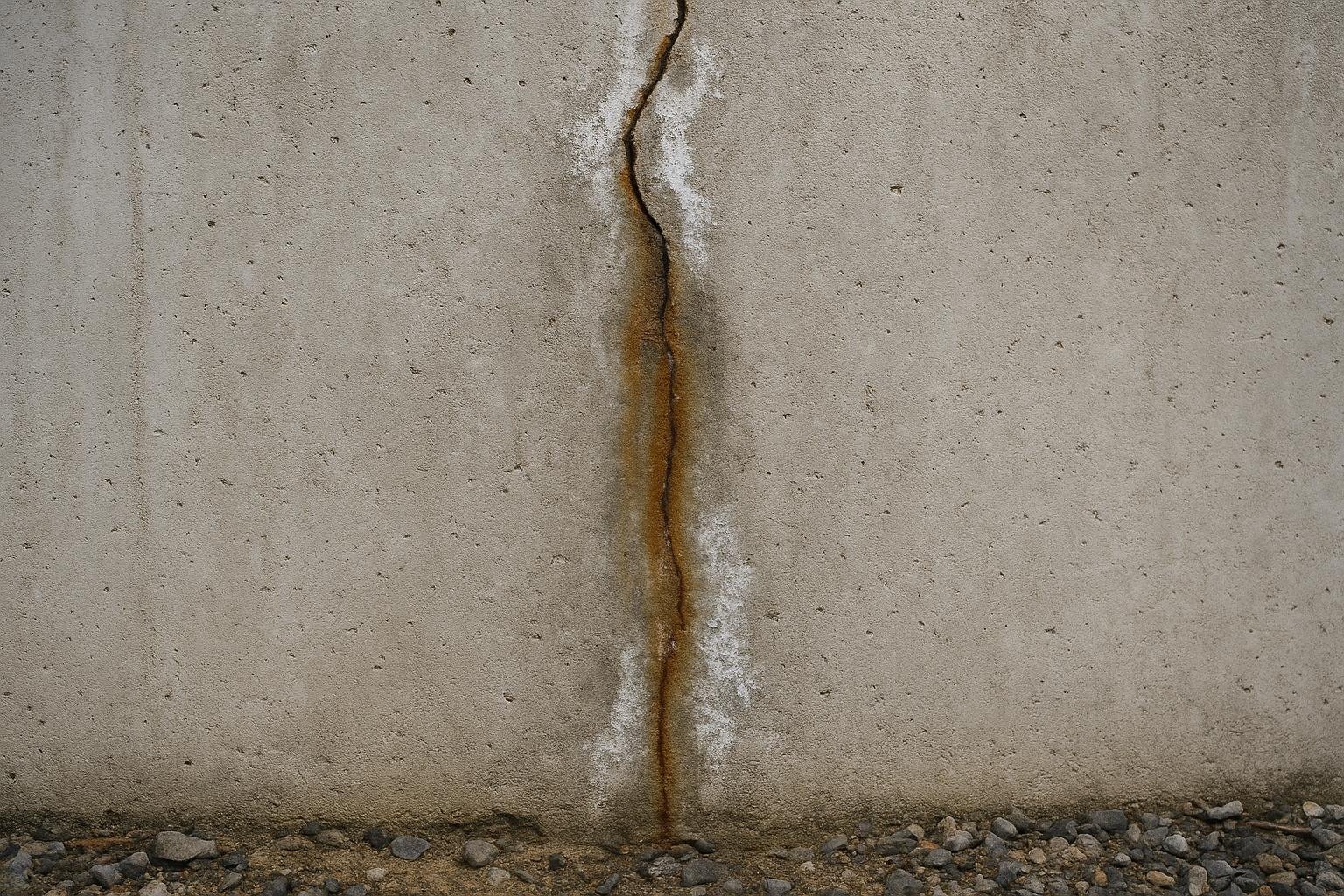Vertical shrinkage crack with efflorescence on a Ramara basement foundation wall