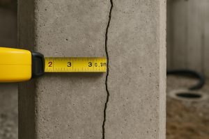 Vertical shrinkage crack on a new poured-concrete foundation wall Ontario