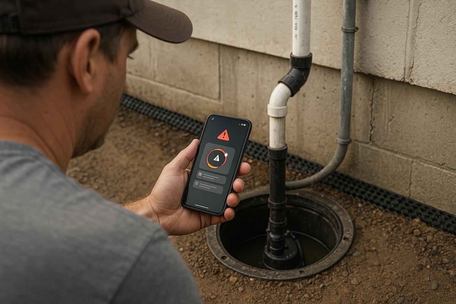 Smartphone showing smart sump pump monitoring app alert notifications