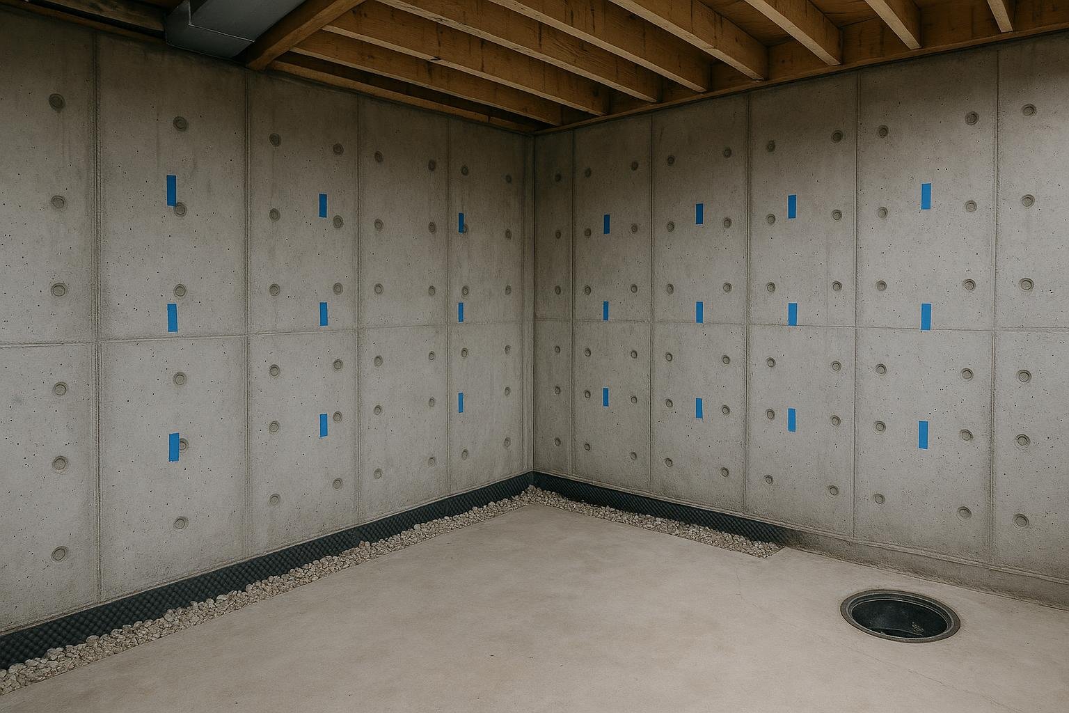 Interior basement wall grid of snap tie depressions marked for inspection