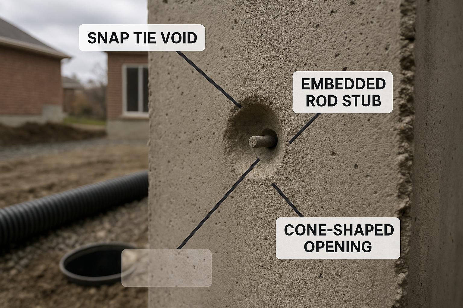 Cross-section diagram of snap tie void and embedded rod in concrete wall