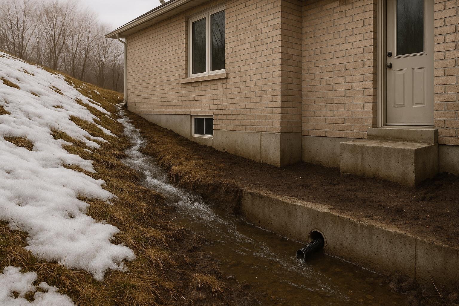 Spring snowmelt flowing toward a Clearview home foundation with weeping tile outlet visible