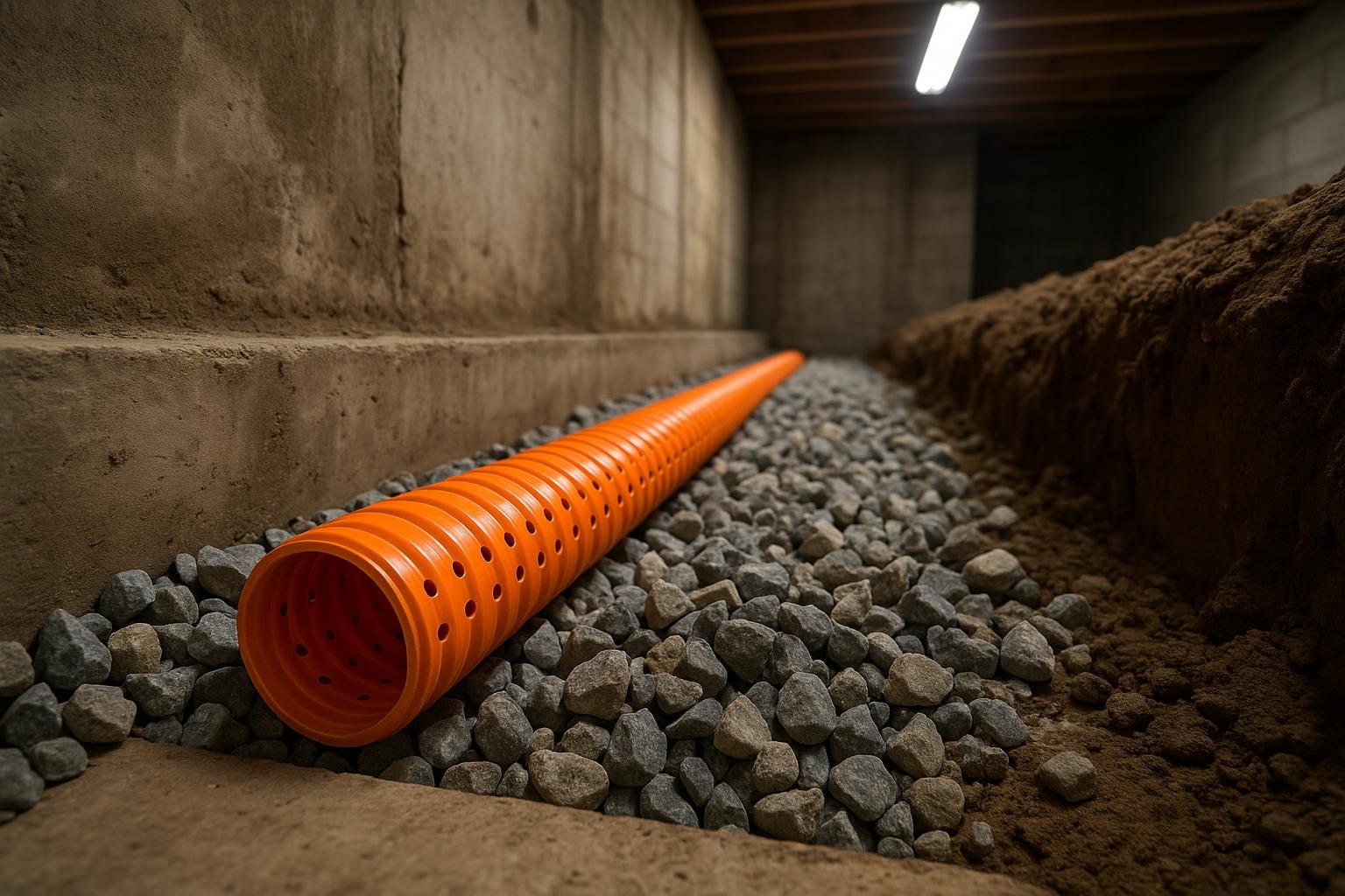 Interior weeping tile pipe bedded in clear stone along a basement footing during installation