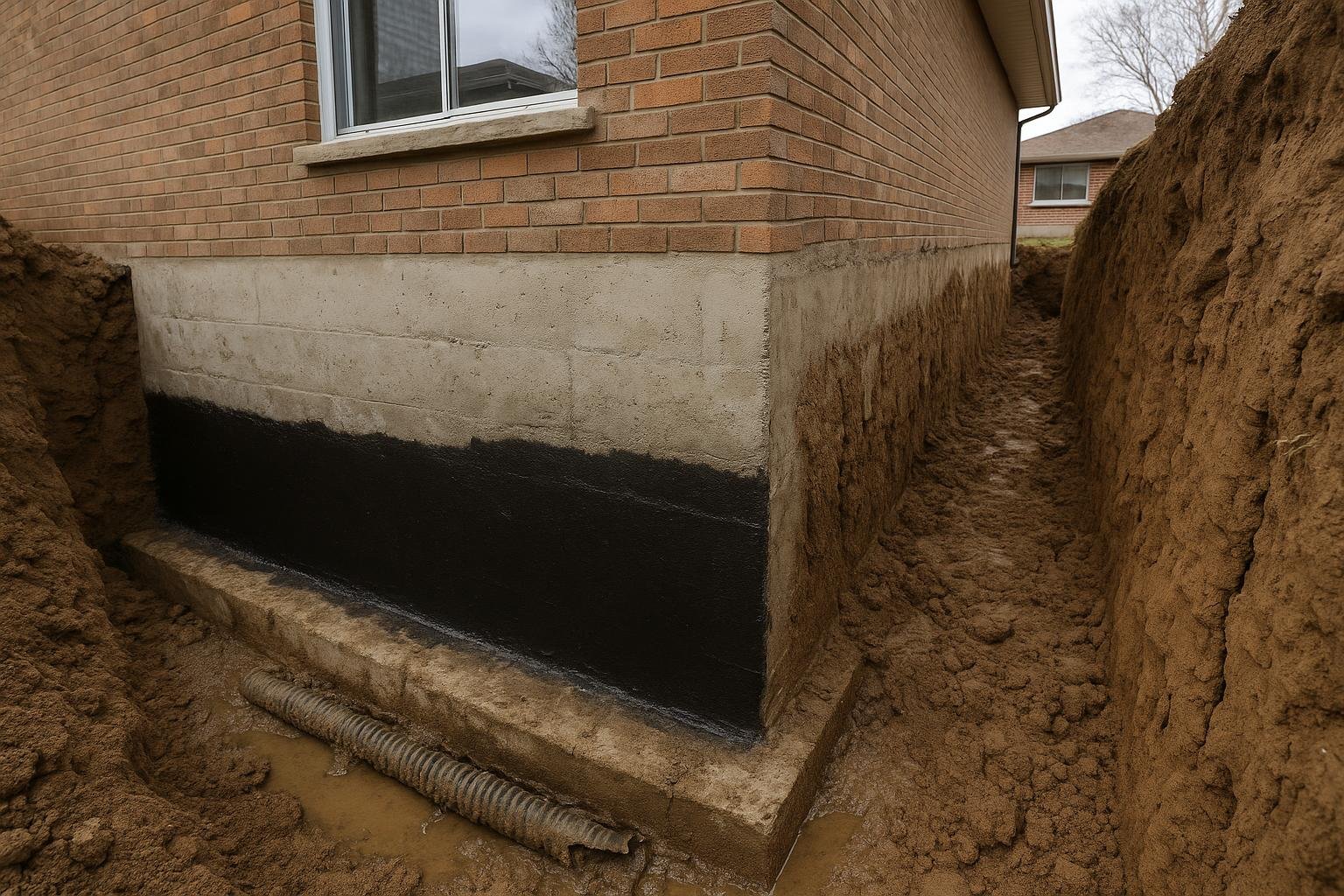 Excavated foundation wall beside a Springwater home showing clay soil and old weeping tile