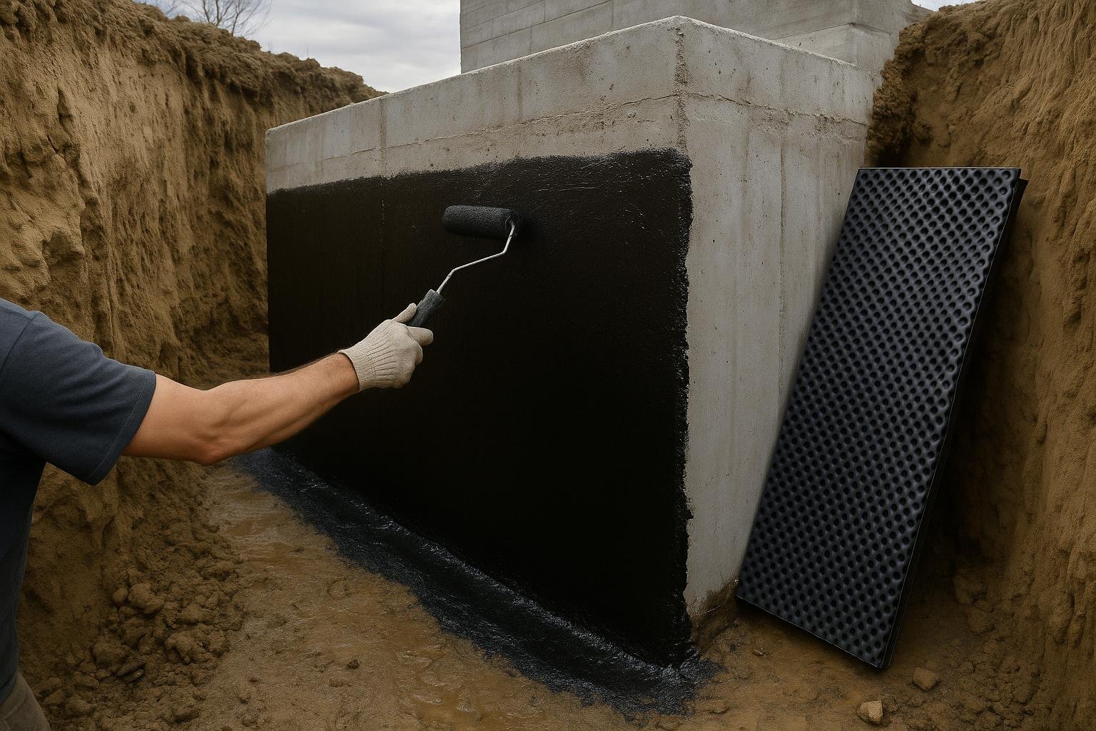 Excavated foundation wall in Springwater showing clay soil and waterproofing membrane installation