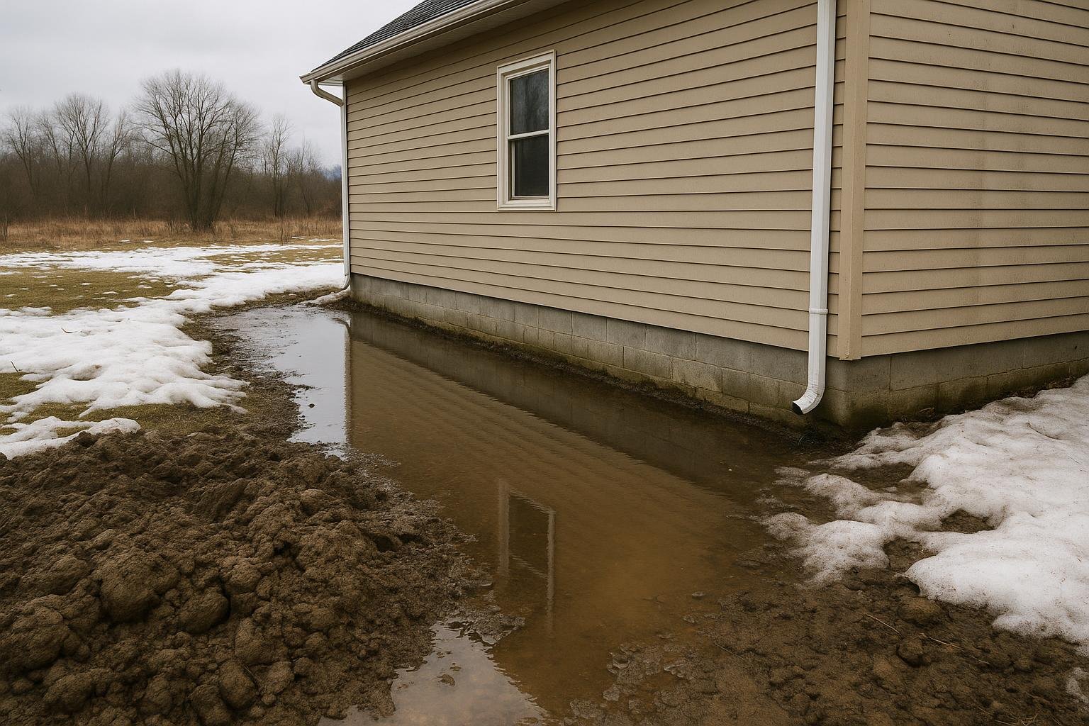 Saturated soil and standing water pooling against a residential foundation during spring snowmelt in Simcoe County