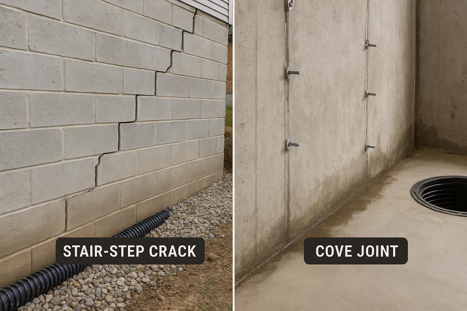 Stair step crack in block wall beside cove joint moisture staining at floor