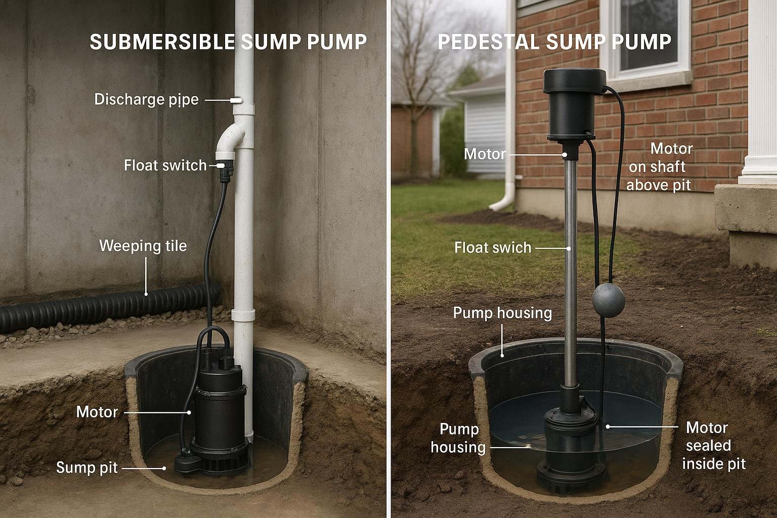 Side-by-side comparison of submersible and pedestal sump pump types