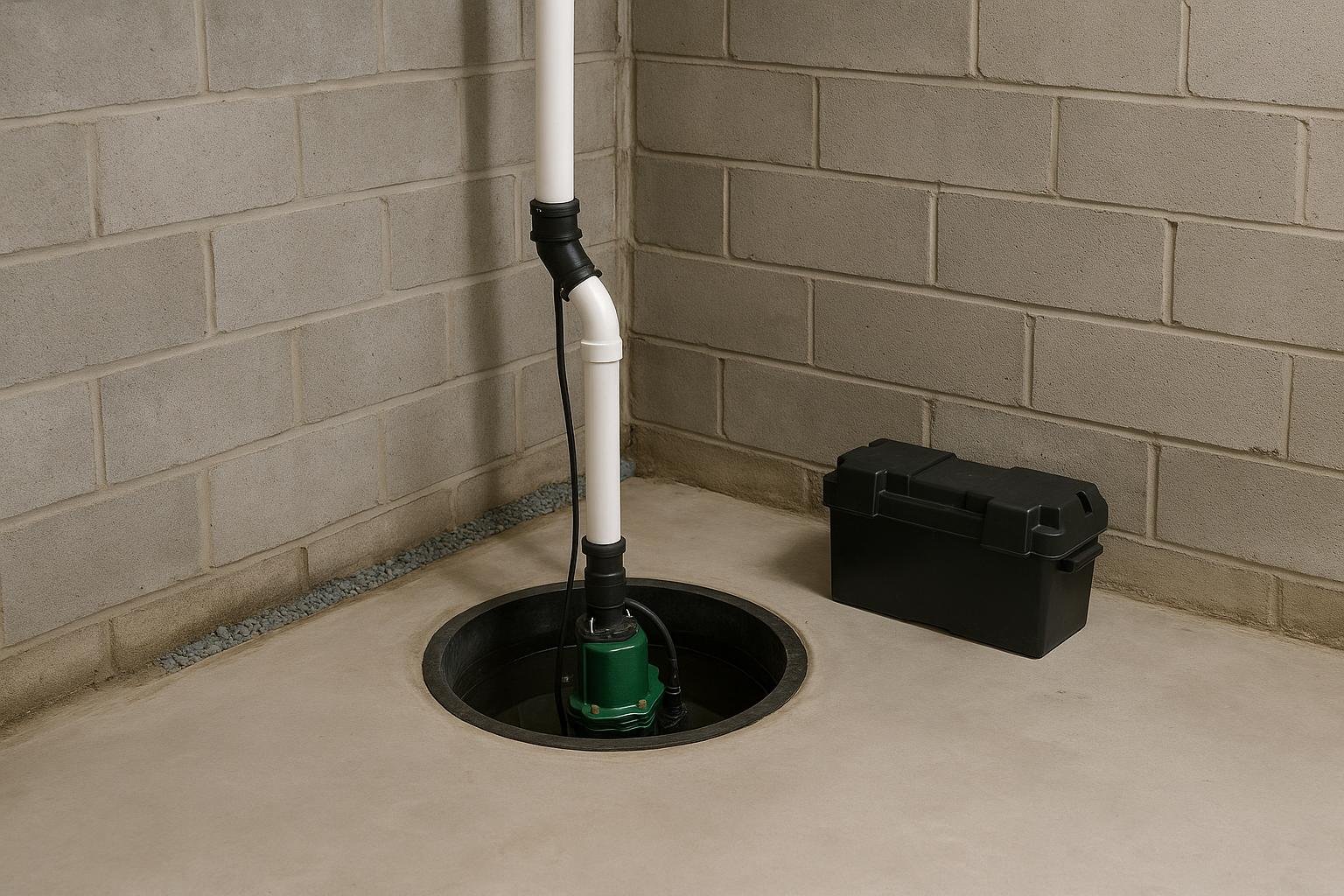 Sump pump with battery backup installed in residential basement pit in cottage country