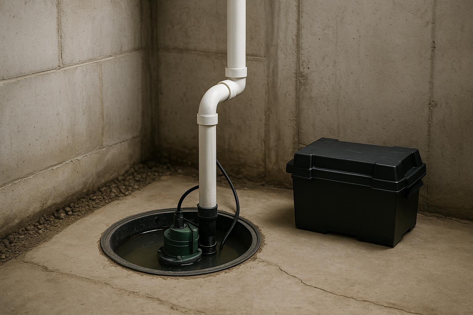 Sump pump with battery backup installed in basement pit for seasonal cottage protection