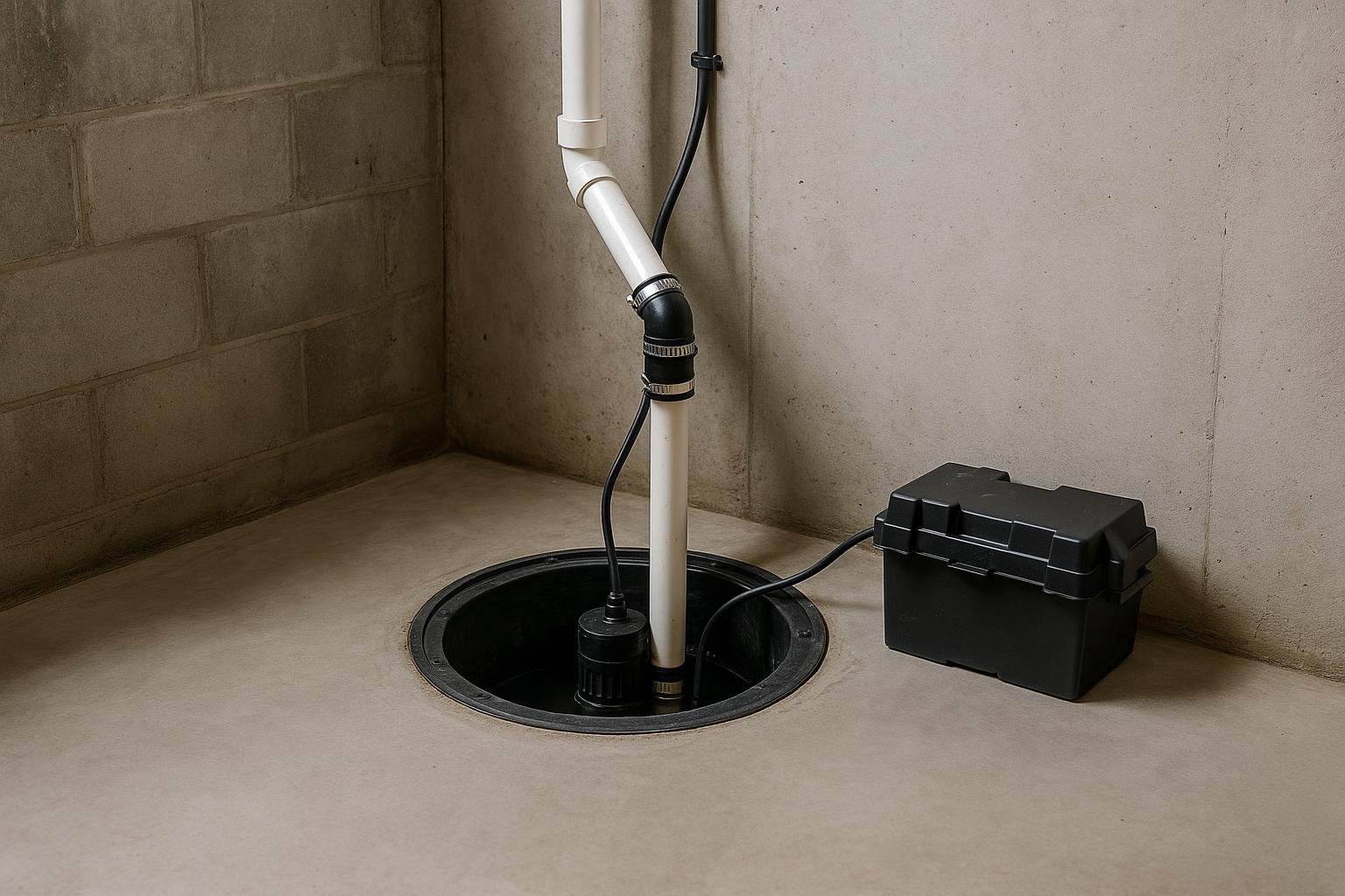 Installed sump pump with battery backup unit in a basement sump pit