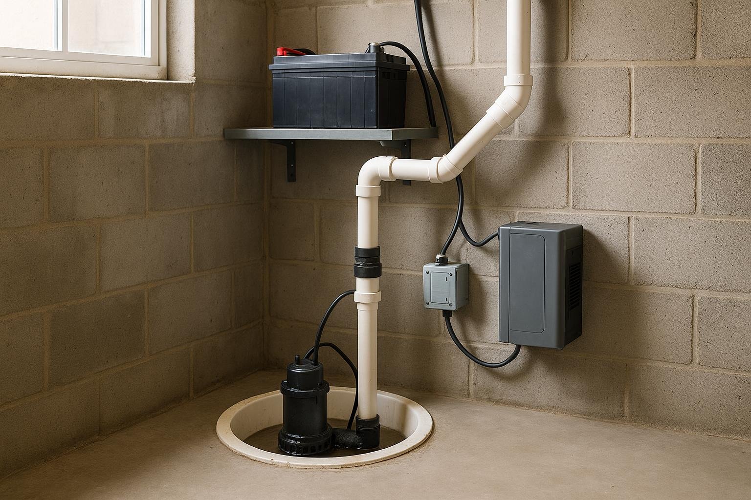 Battery backup sump pump unit mounted beside a primary submersible pump in an Ontario basement