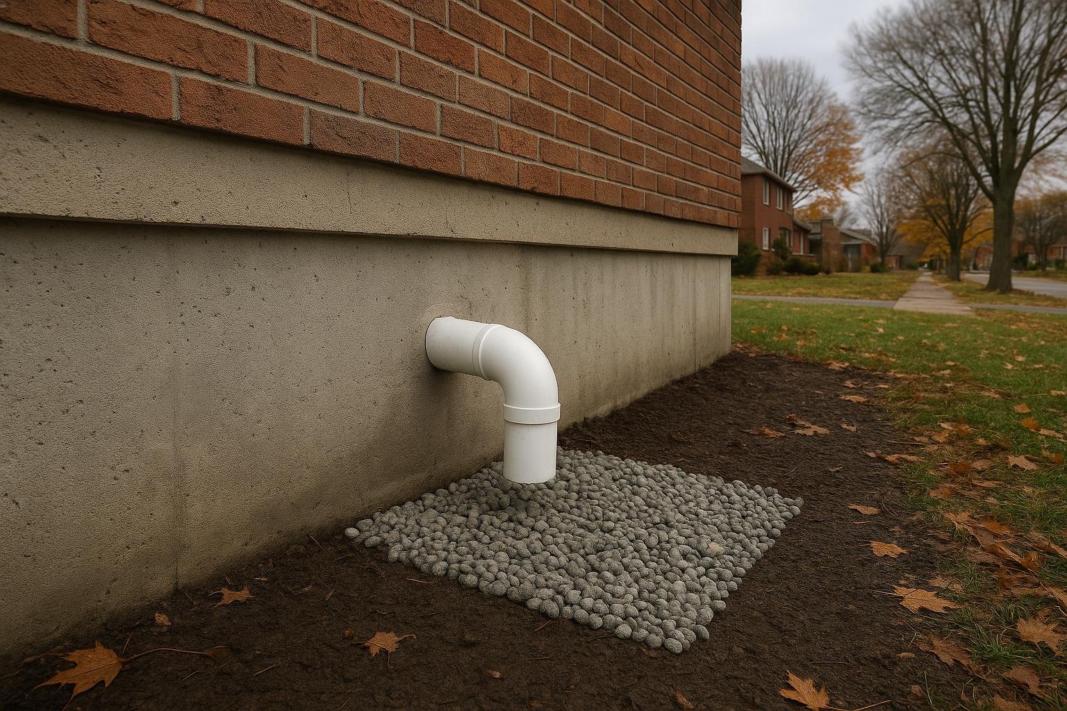 Exterior discharge pipe from a sump pump exiting a Toronto home foundation toward the lawn
