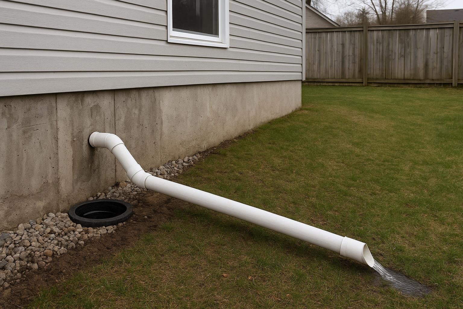 Sump pump discharge pipe routed away from foundation on graded lawn