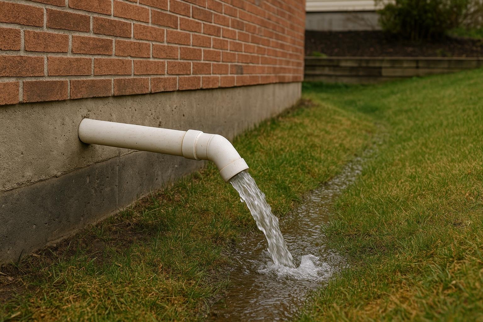 Sump pump discharge pipe outlet directing water away from foundation