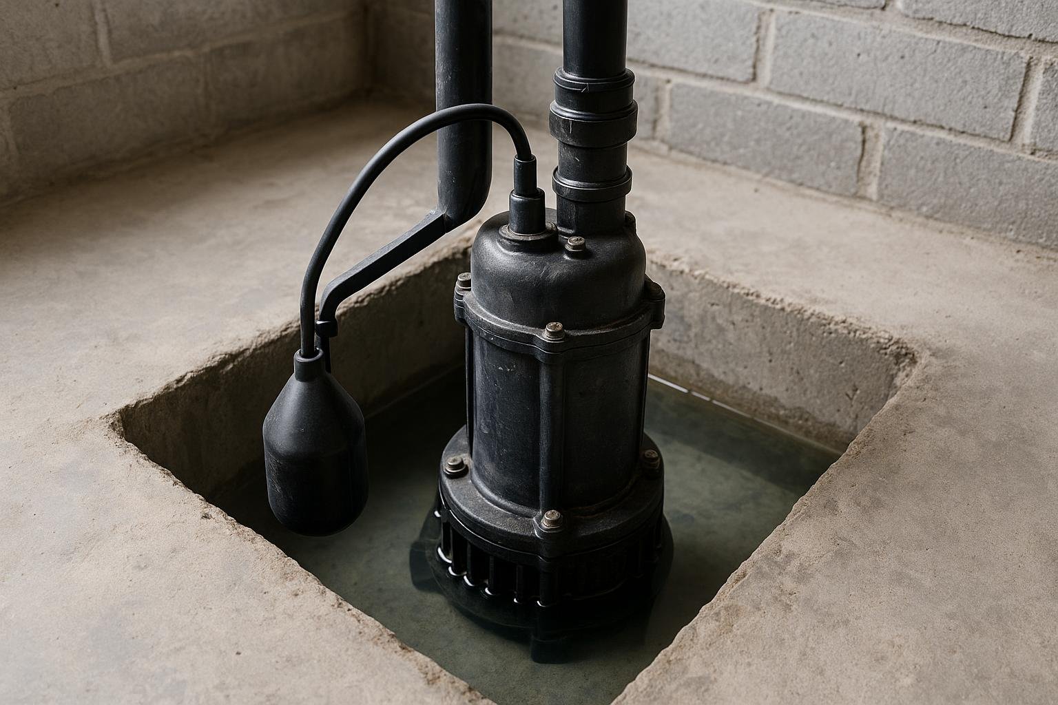 Close view of a sump pump float switch inside a concrete pit showing correct positioning