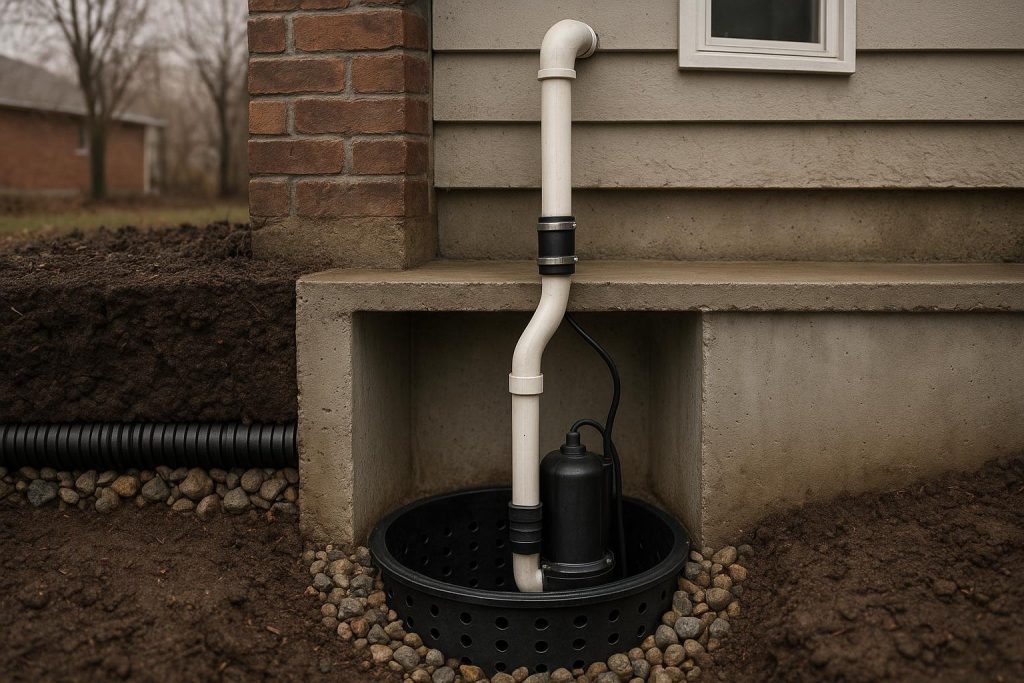 Diagram of a residential basement sump pump system with pit and discharge pipe
