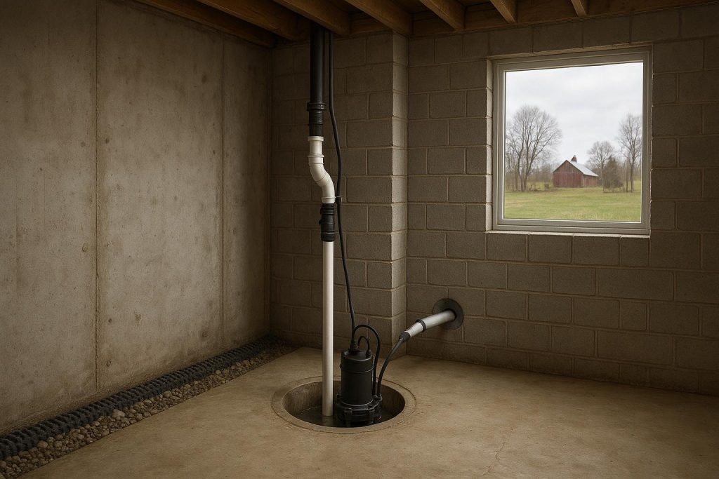 Submersible sump pump installed in a residential basement pit in Clearview Township