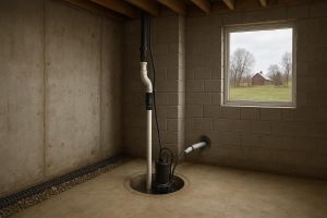 Submersible sump pump installed in a residential basement pit in Clearview Township