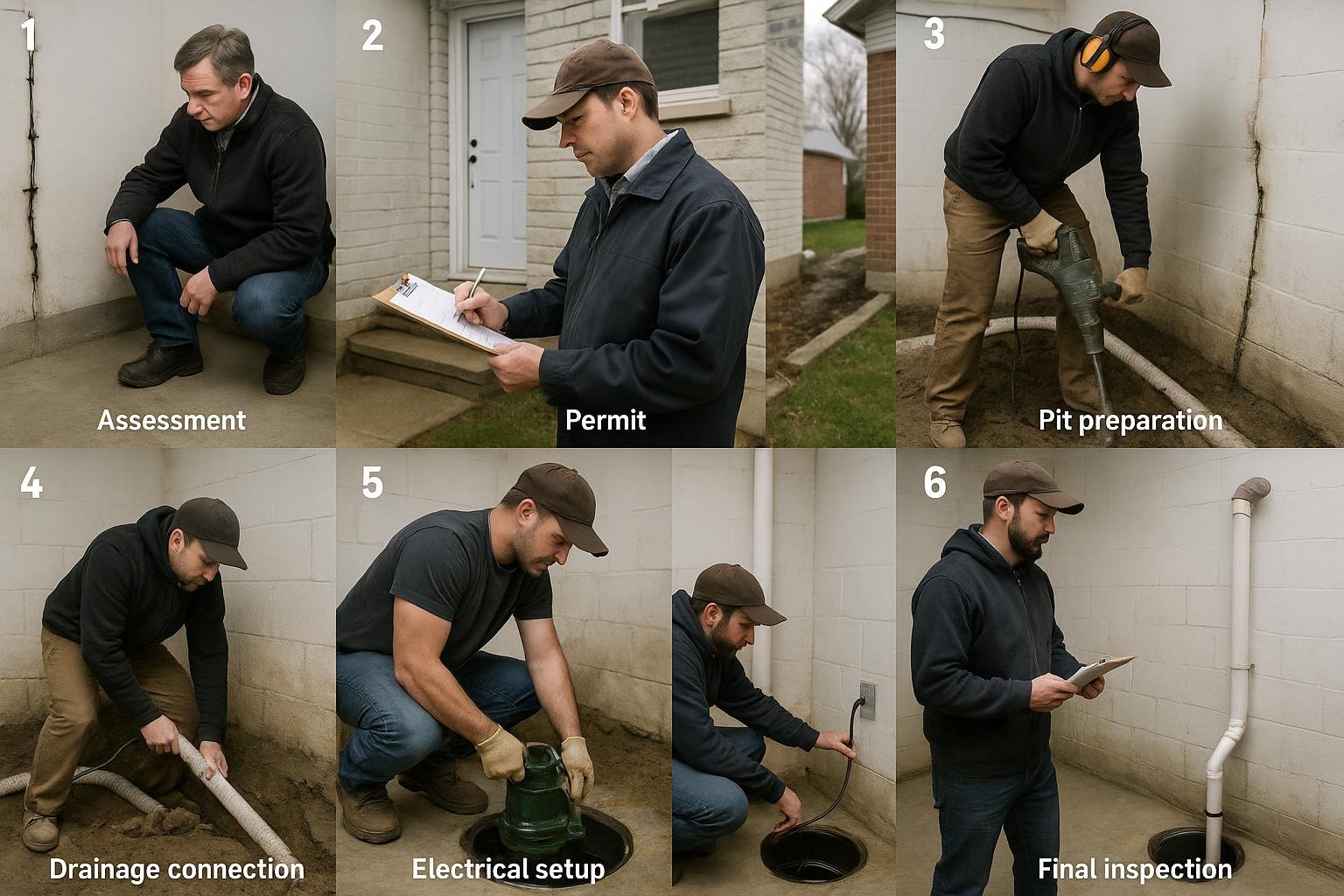 Seven-step professional sump pump installation process illustrated in sequential panels