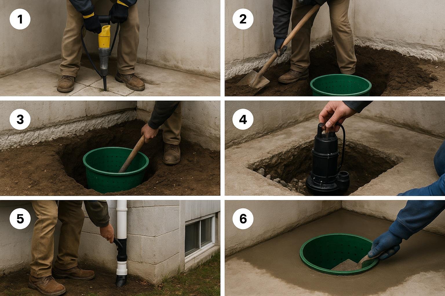 Six-step sump pump installation process from concrete cutting to patching