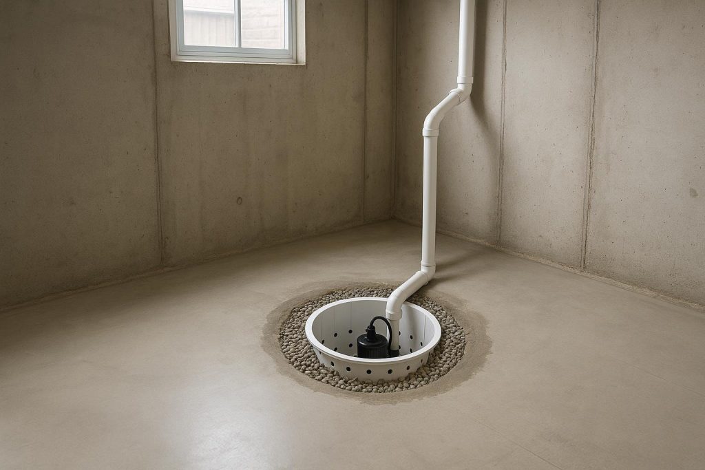 Newly installed submersible sump pump inside a concrete basement pit in a Springwater Ontario home