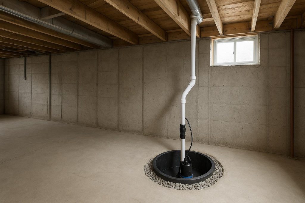 New submersible sump pump installed in a concrete basement basin in a Vaughan home