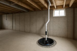 New submersible sump pump installed in a concrete basement basin in a Vaughan home