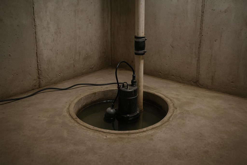 A residential sump pump pit in a Toronto basement with water rising near the float switch