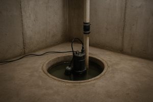 A residential sump pump pit in a Toronto basement with water rising near the float switch