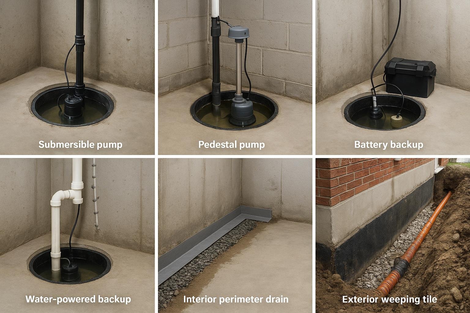 Comparison diagram of six sump pump and drainage system options for homeowners