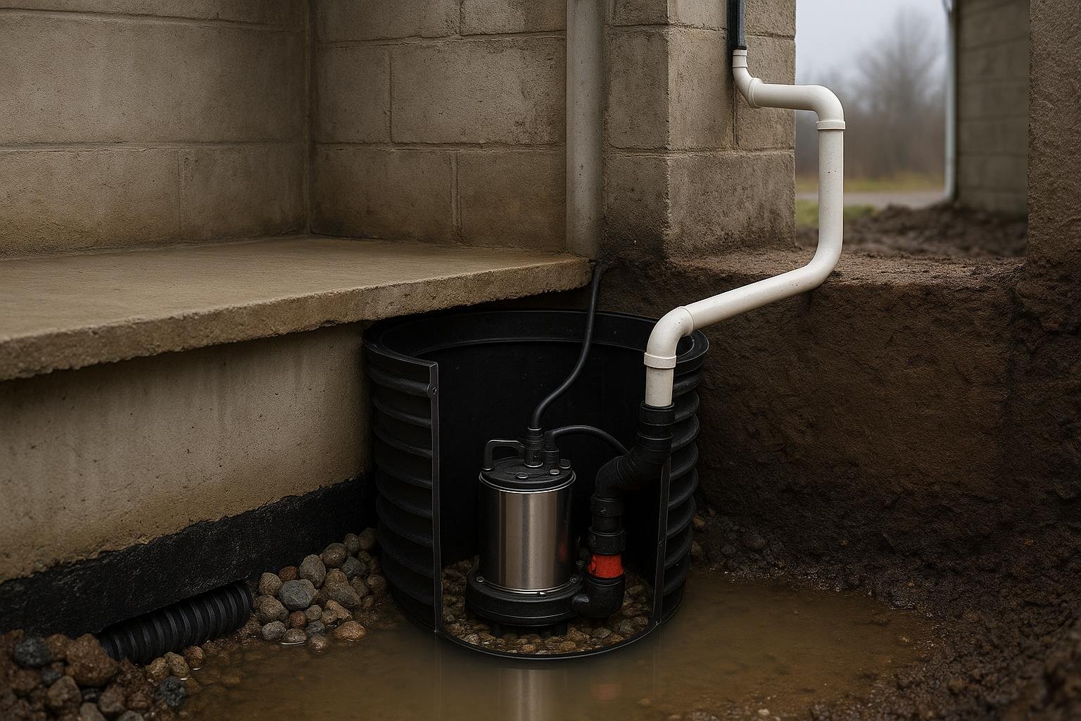 Diagram showing submersible sump pump inside basement pit with discharge pipe