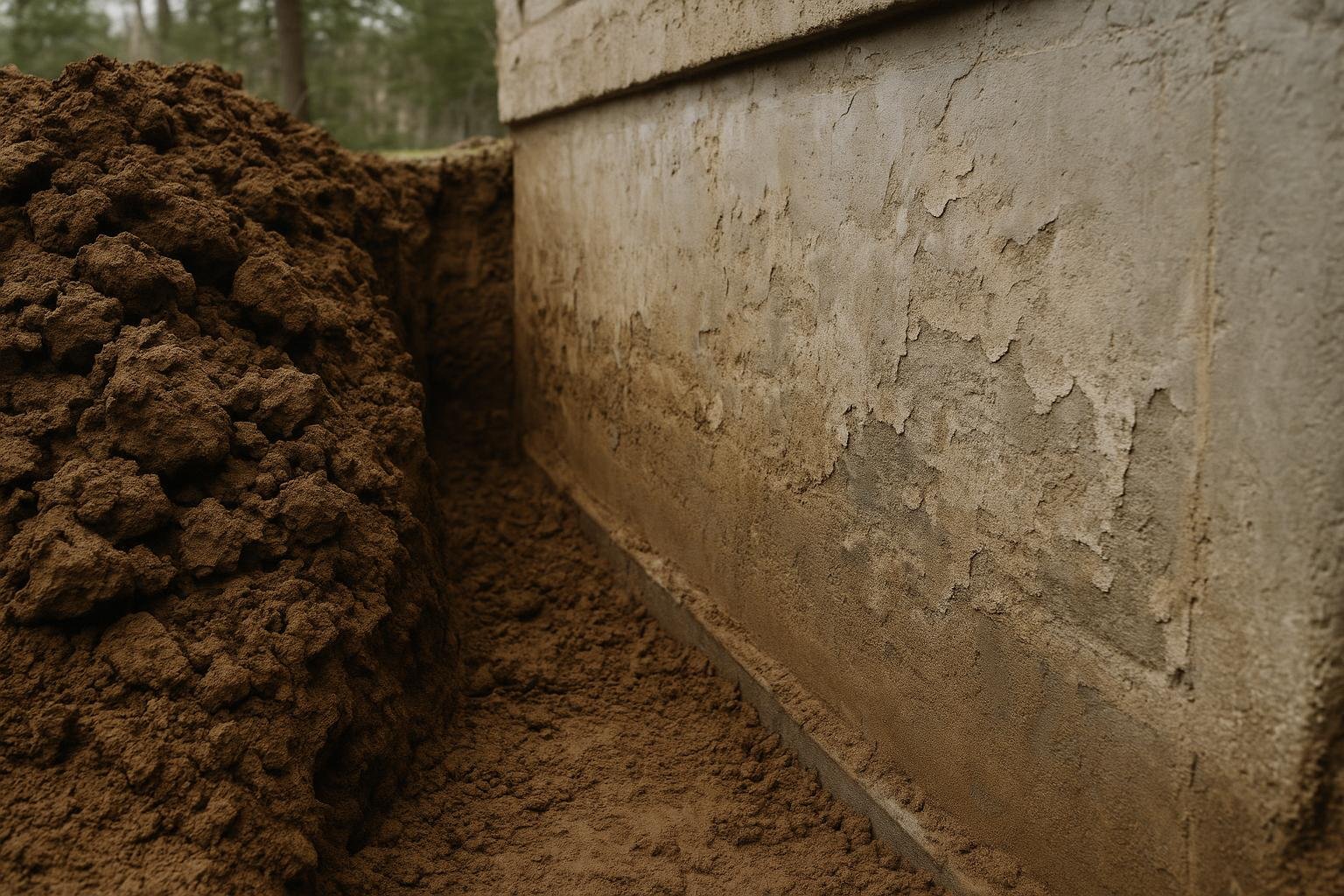 Excavated foundation wall in Tiny Ontario showing clay soil and waterproofing membrane