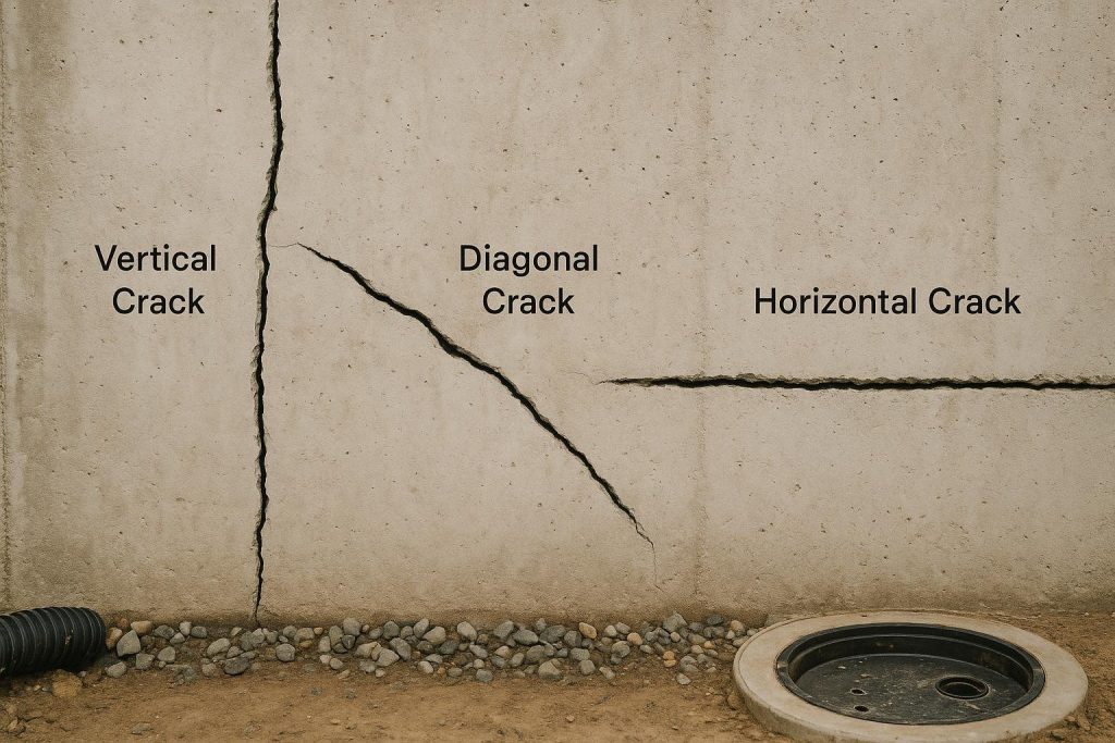 Poured concrete basement wall showing vertical diagonal and horizontal foundation cracks