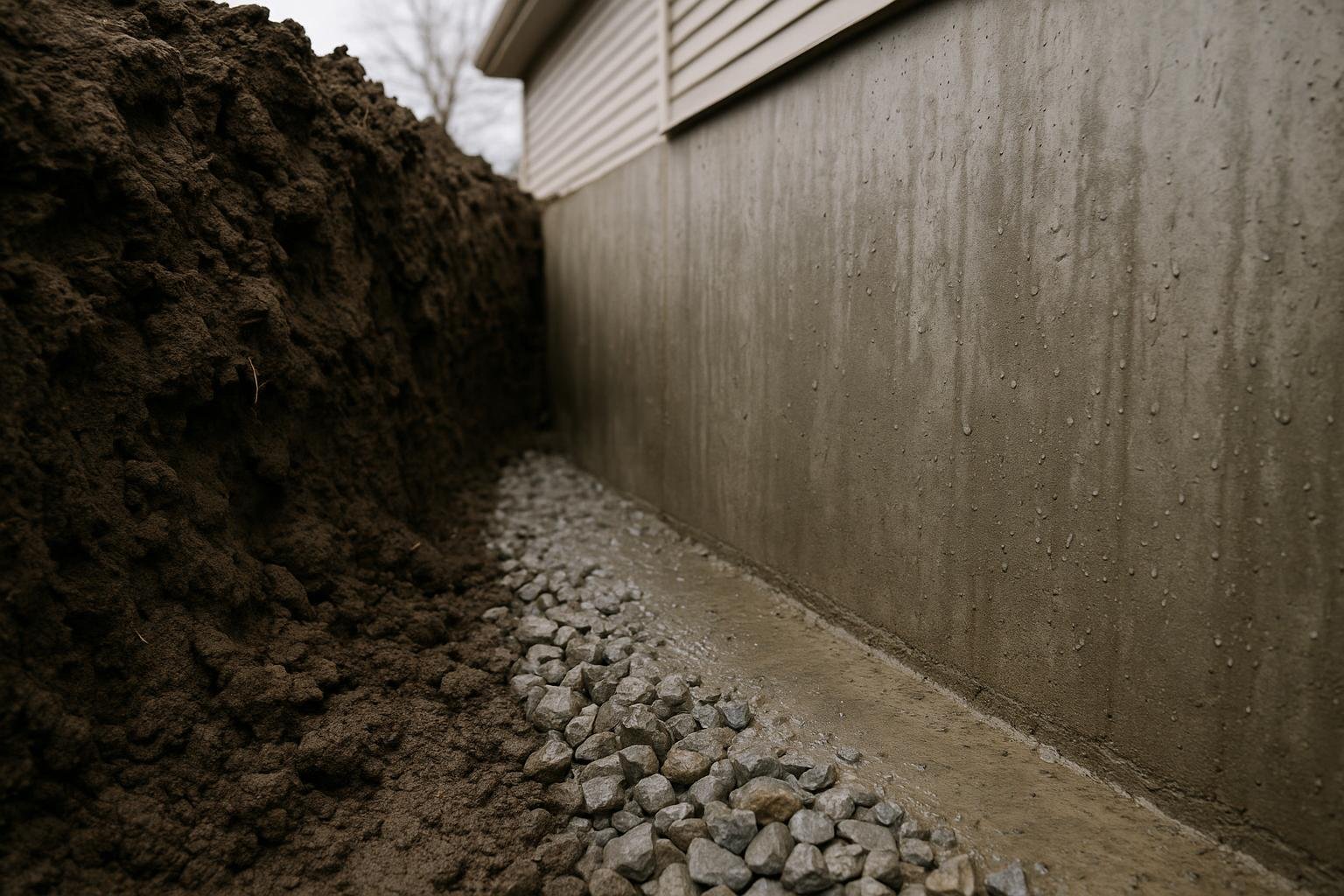 Cross-section view of heavy clay soil pressing against a poured concrete foundation wall in Ontario