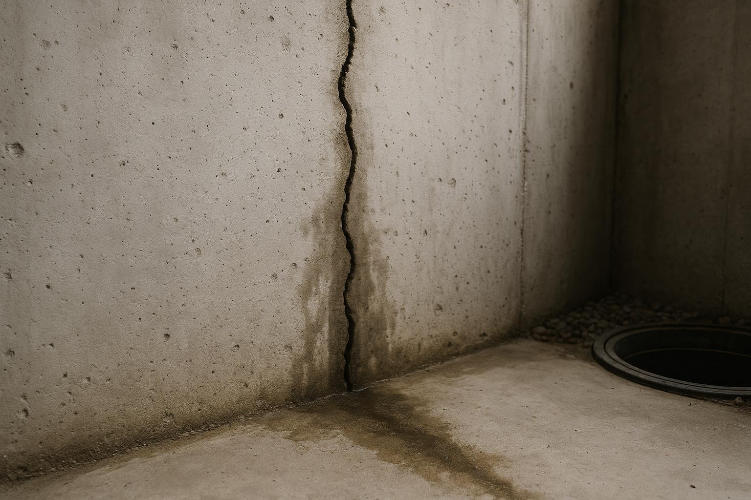 Vertical crack with moisture staining on poured concrete basement wall