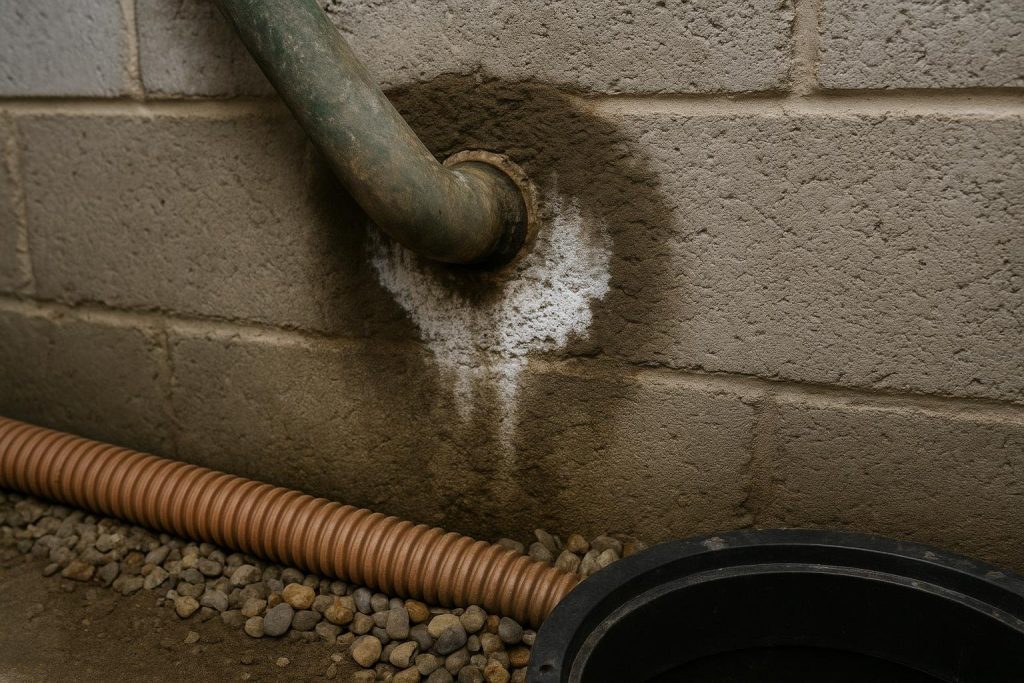 Damp concrete ring and efflorescence around a basement wall pipe penetration